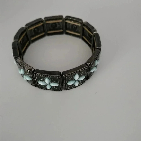 Antique Silver Tone Link Light Blue Flower Cabochon Stretch bangle Bracelet - Picture 2 of 7